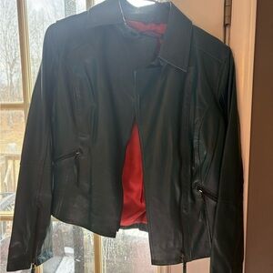 twiggy LONDON Dark Leather Jacket with Vibrant Red Interior